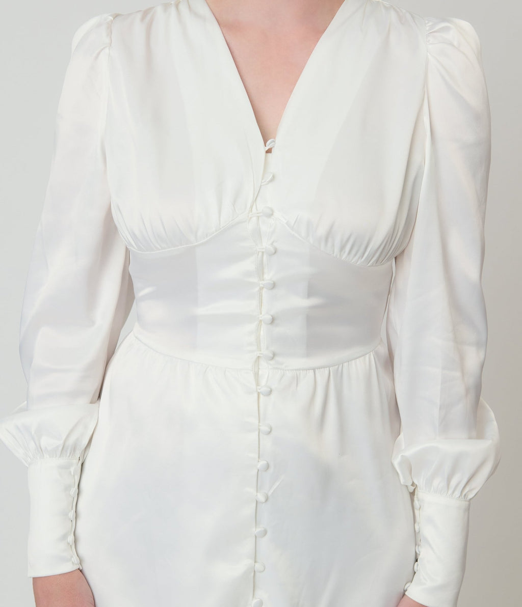 Ivory Button Front Satin Midi Dress - Unique Vintage - Womens, DRESSES, MIDI