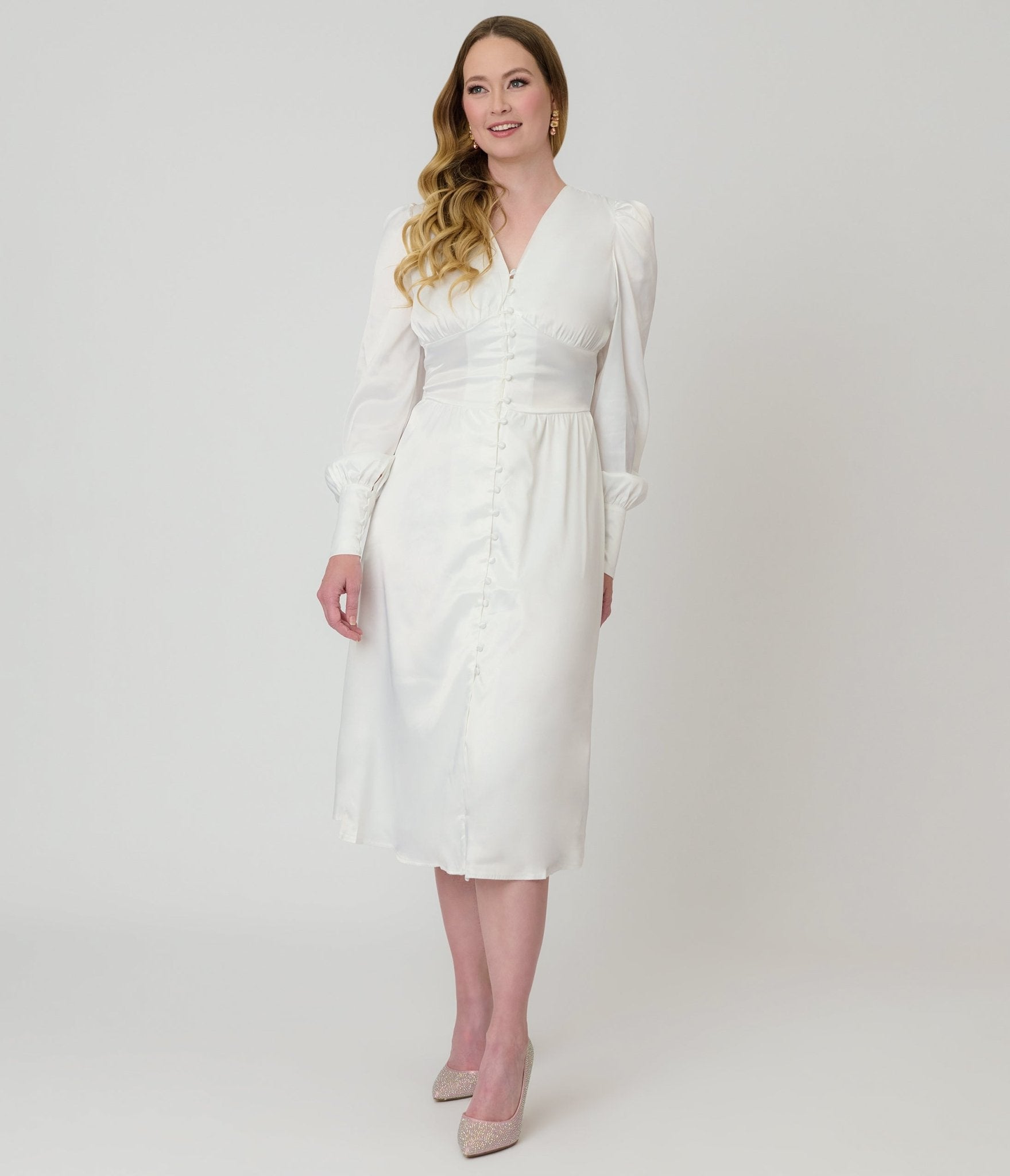 Ivory Button Front Satin Midi Dress