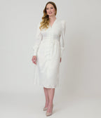 Ivory Button Front Satin Midi Dress - Unique Vintage - Womens, DRESSES, MIDI