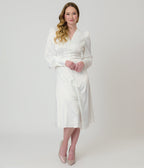 Ivory Button Front Satin Midi Dress - Unique Vintage - Womens, DRESSES, MIDI