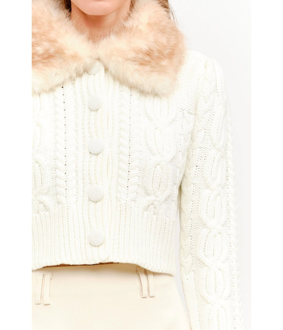 Ivory Cable Knit Faux Fur Collar Angie Cardigan - Unique Vintage - Cardigans