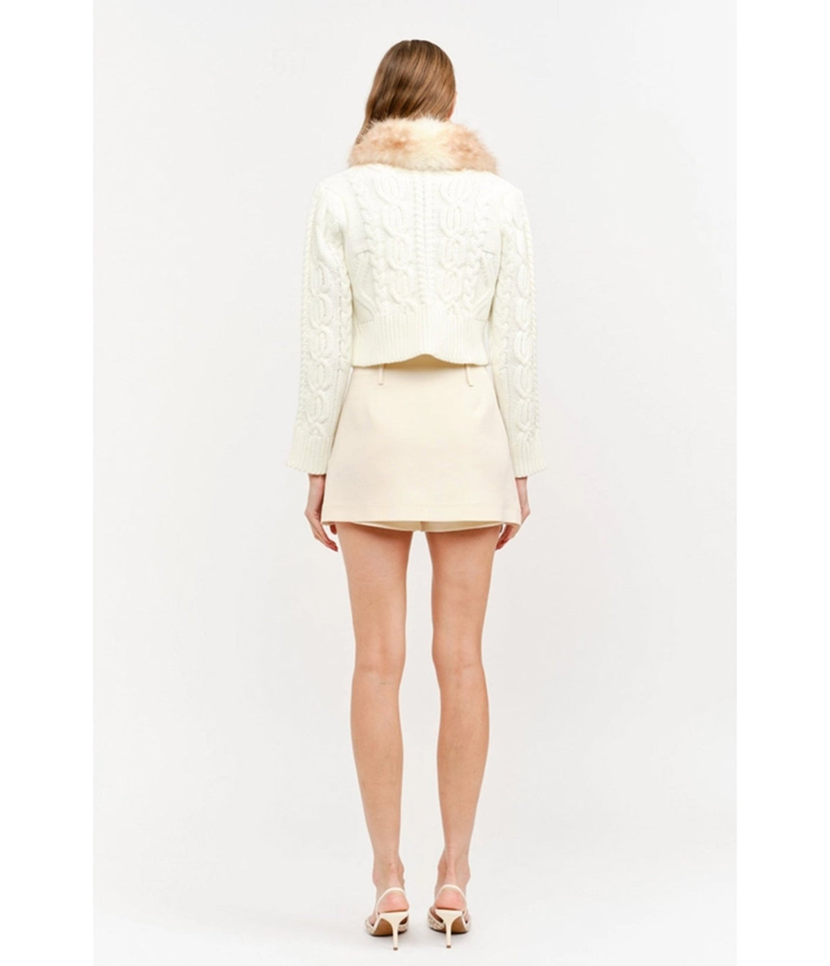 Ivory Cable Knit Faux Fur Collar Angie Cardigan - Unique Vintage - Cardigans
