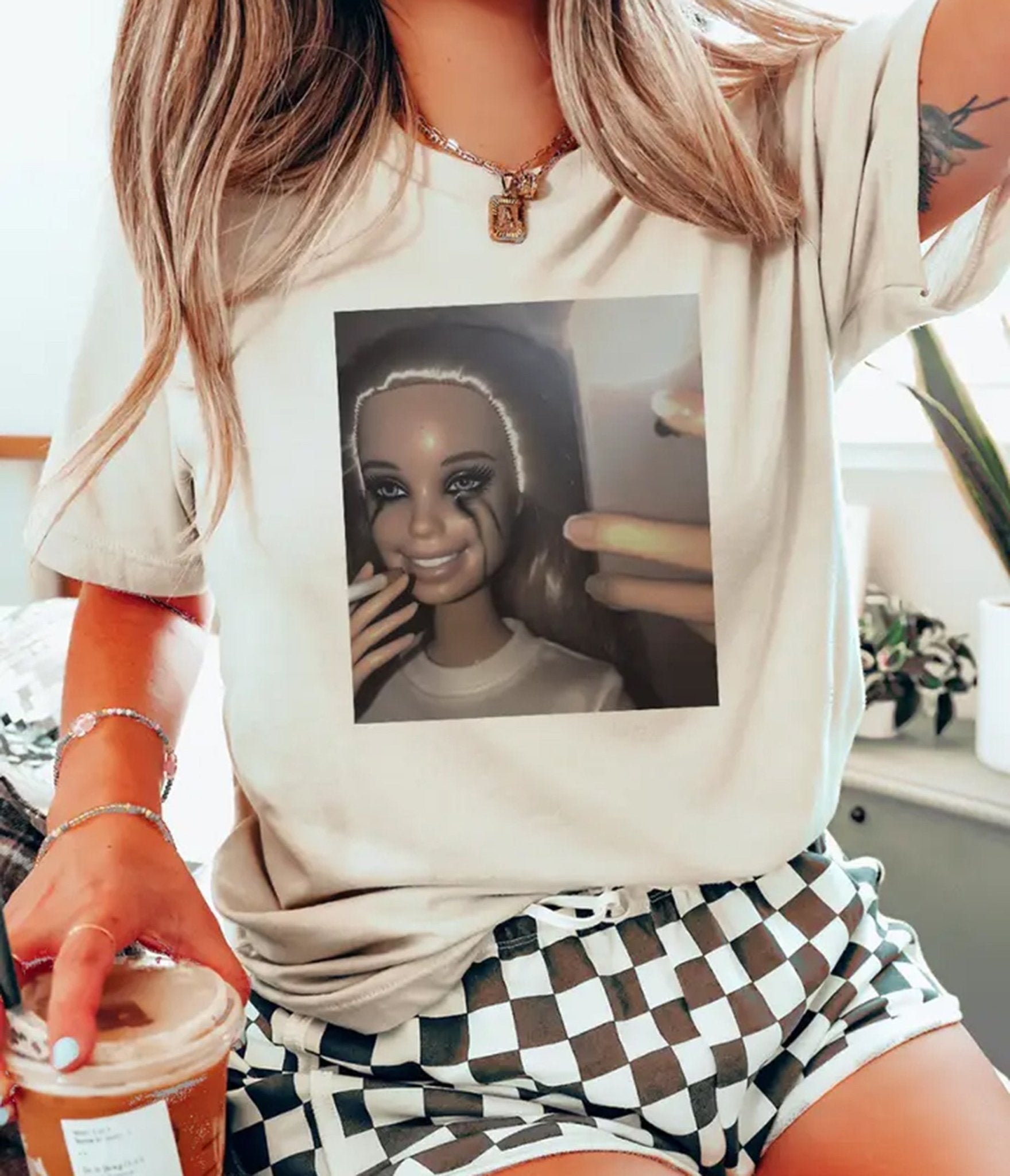Ivory Crying Doll Selfie Graphic Tee - Unique Vintage - Womens, GRAPHIC TEES, TEES