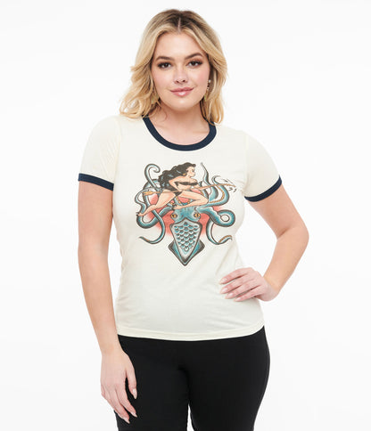 Ivory Daughter Of The Kraken Fitted Graphic Tee - Unique Vintage - Womens, GRAPHIC TEES, TEES