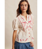 Ivory Embroidered Bow Peplum Blouse - Unique Vintage - Womens, TOPS, SHIRTS