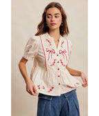 Ivory Embroidered Bow Peplum Blouse - Unique Vintage - Womens, TOPS, SHIRTS