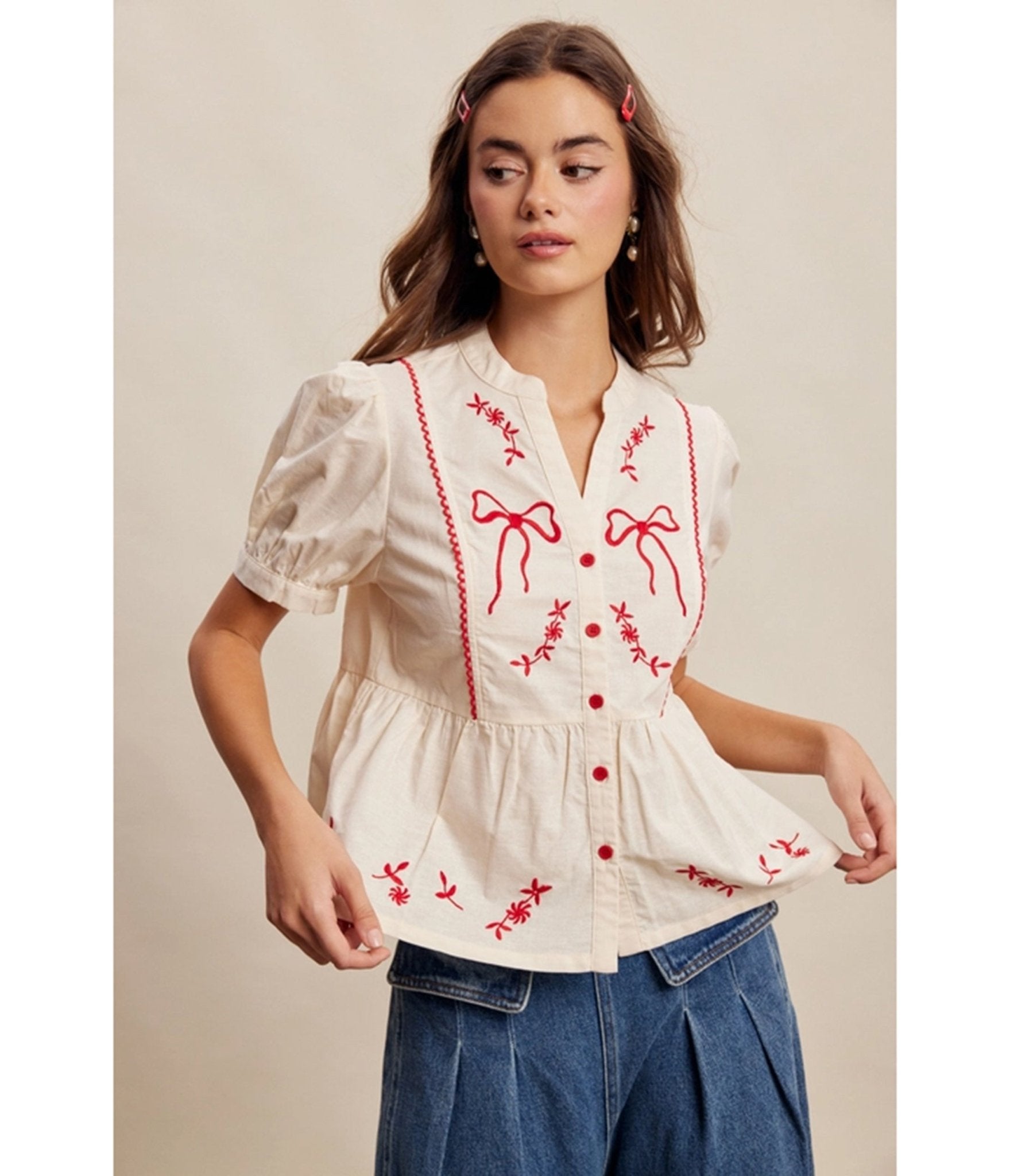 Ivory Embroidered Bow Peplum Blouse - Unique Vintage - Womens, TOPS, SHIRTS