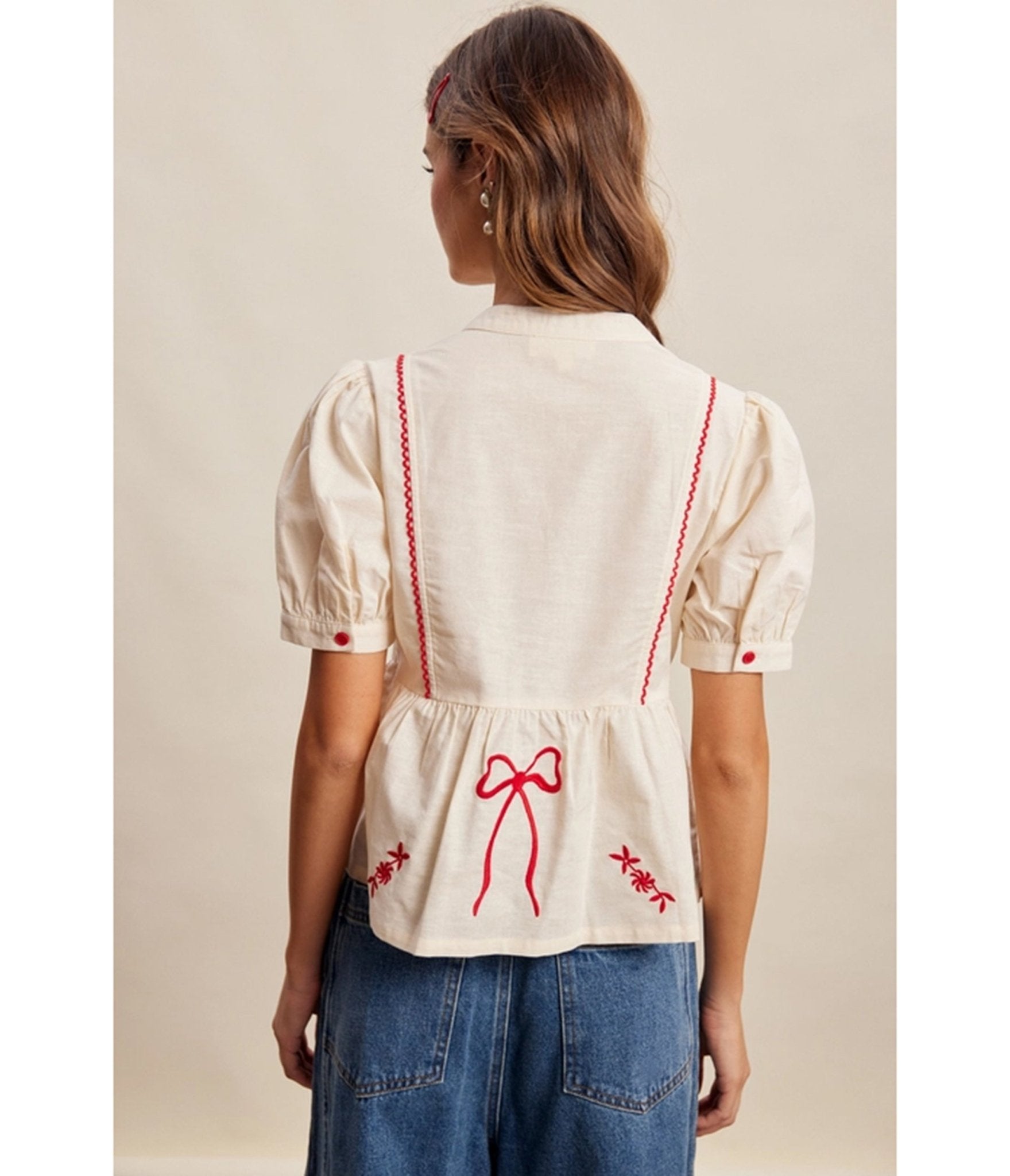 Ivory Embroidered Bow Peplum Blouse - Unique Vintage - Womens, TOPS, SHIRTS