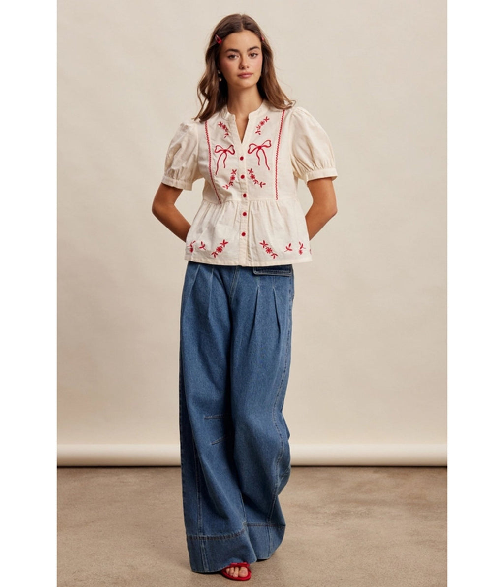 Ivory Embroidered Bow Peplum Blouse - Unique Vintage - Womens, TOPS, SHIRTS