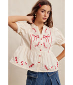 Ivory Embroidered Bow Peplum Blouse - Unique Vintage - Womens, TOPS, SHIRTS