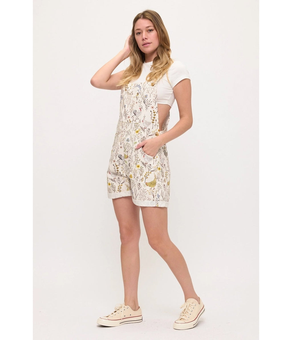 Ivory Floral Chicken Print Short Overalls - Unique Vintage - Womens, BOTTOMS, ROMPERS AND JUMPSUITS