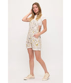 Ivory Floral Chicken Print Short Overalls - Unique Vintage - Womens, BOTTOMS, ROMPERS AND JUMPSUITS