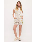 Ivory Floral Chicken Print Short Overalls - Unique Vintage - Womens, BOTTOMS, ROMPERS AND JUMPSUITS