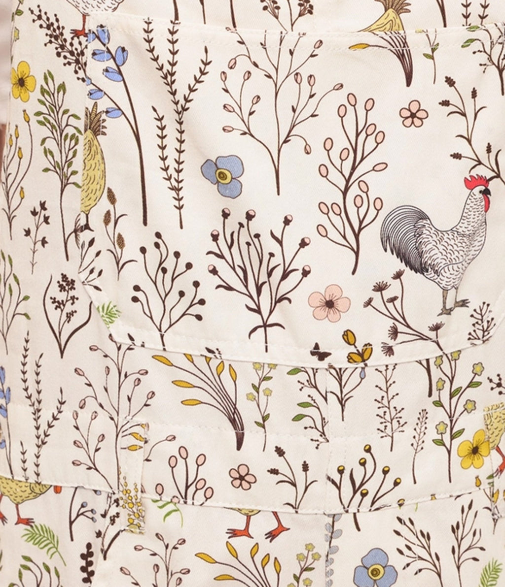 Ivory Floral Chicken Print Short Overalls - Unique Vintage - Womens, BOTTOMS, ROMPERS AND JUMPSUITS