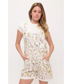 Ivory Floral Chicken Print Short Overalls - Unique Vintage - Womens, BOTTOMS, ROMPERS AND JUMPSUITS