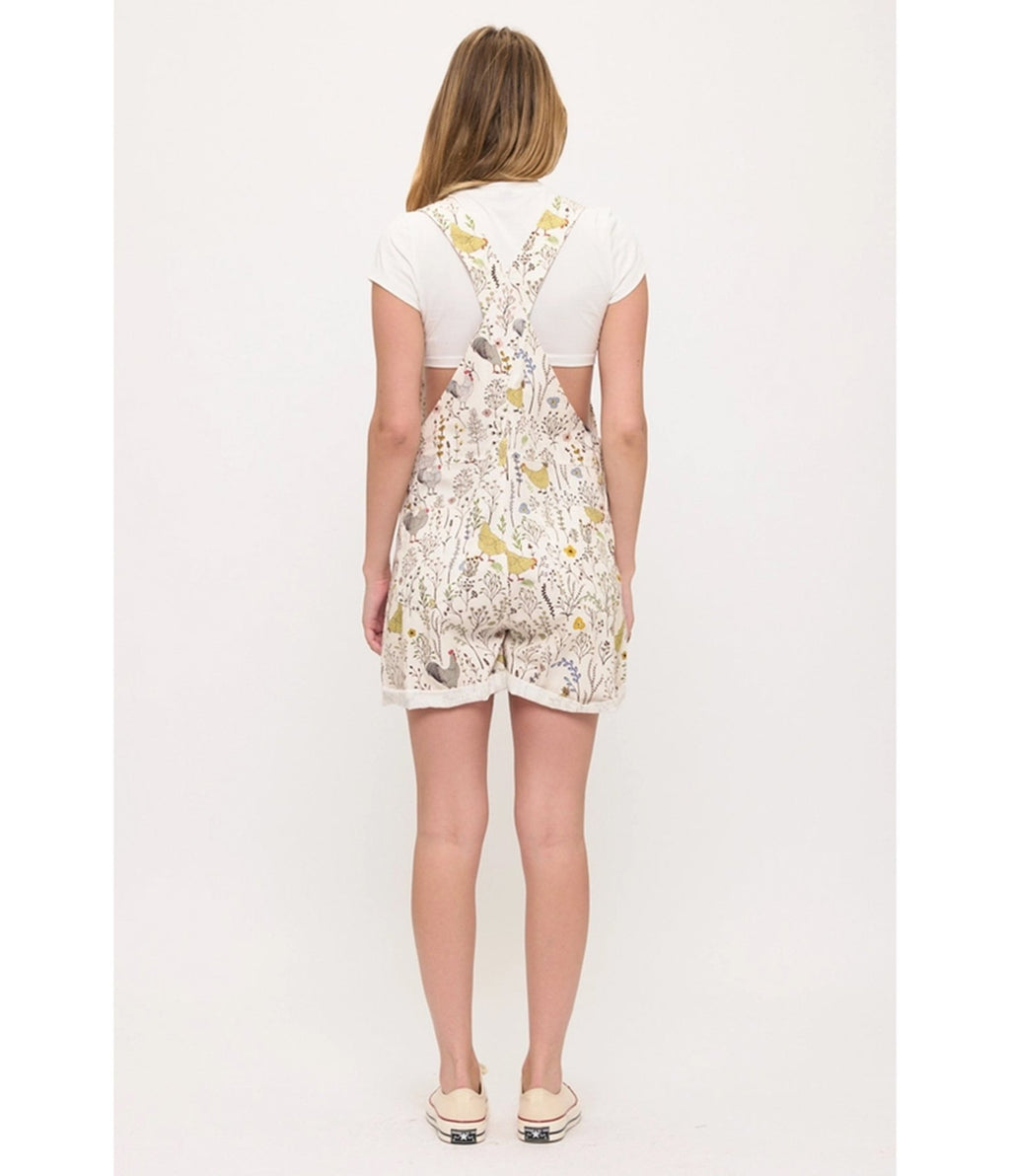 Ivory Floral Chicken Print Short Overalls - Unique Vintage - Womens, BOTTOMS, ROMPERS AND JUMPSUITS