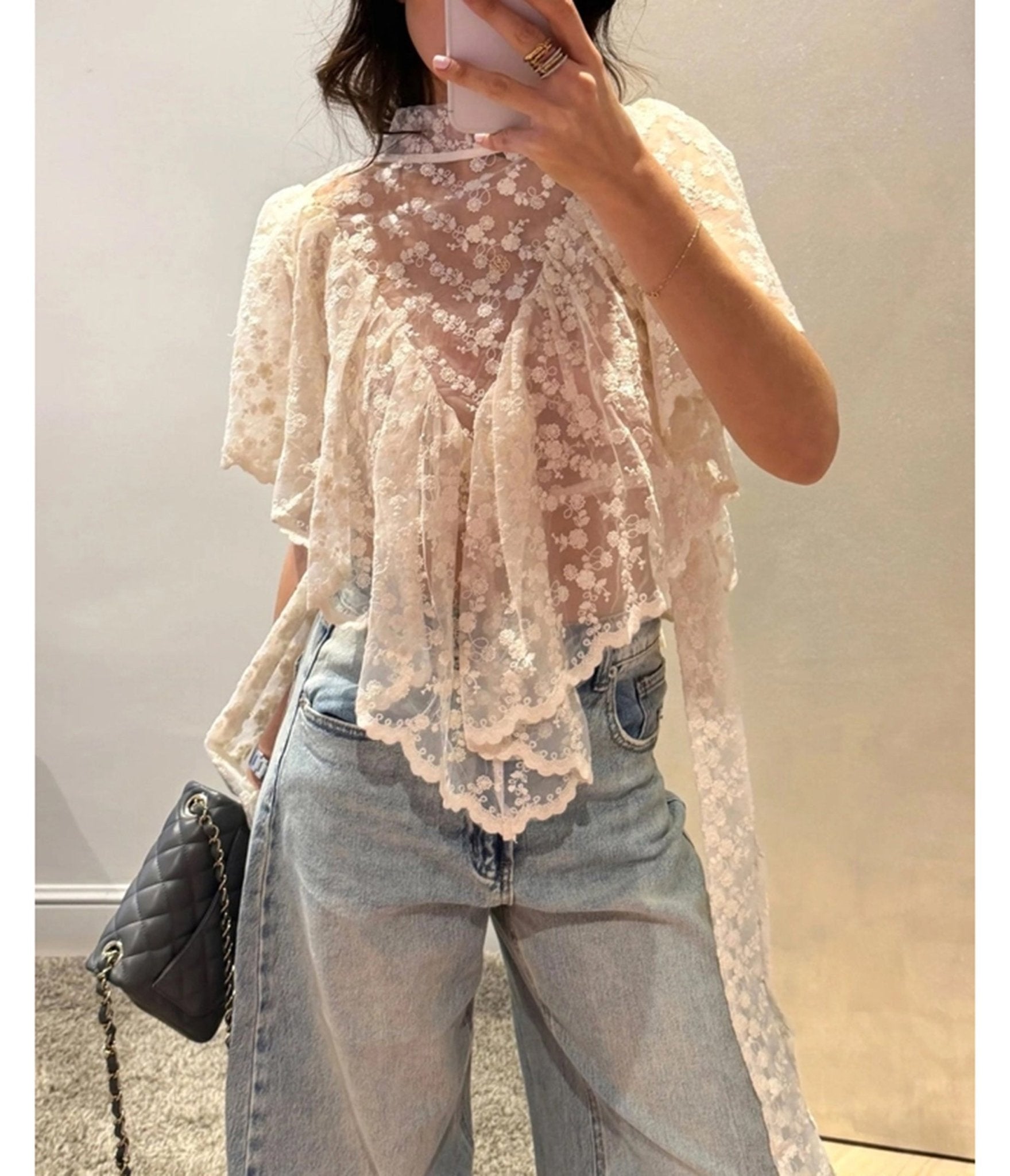 Ivory Floral Lace Sheer Top - Unique Vintage - Womens, TOPS, WOVEN TOPS