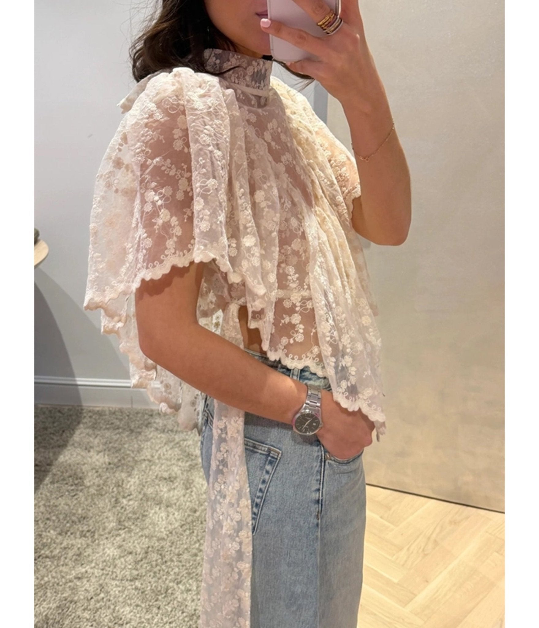 Ivory Floral Lace Sheer Top - Unique Vintage - Womens, TOPS, WOVEN TOPS