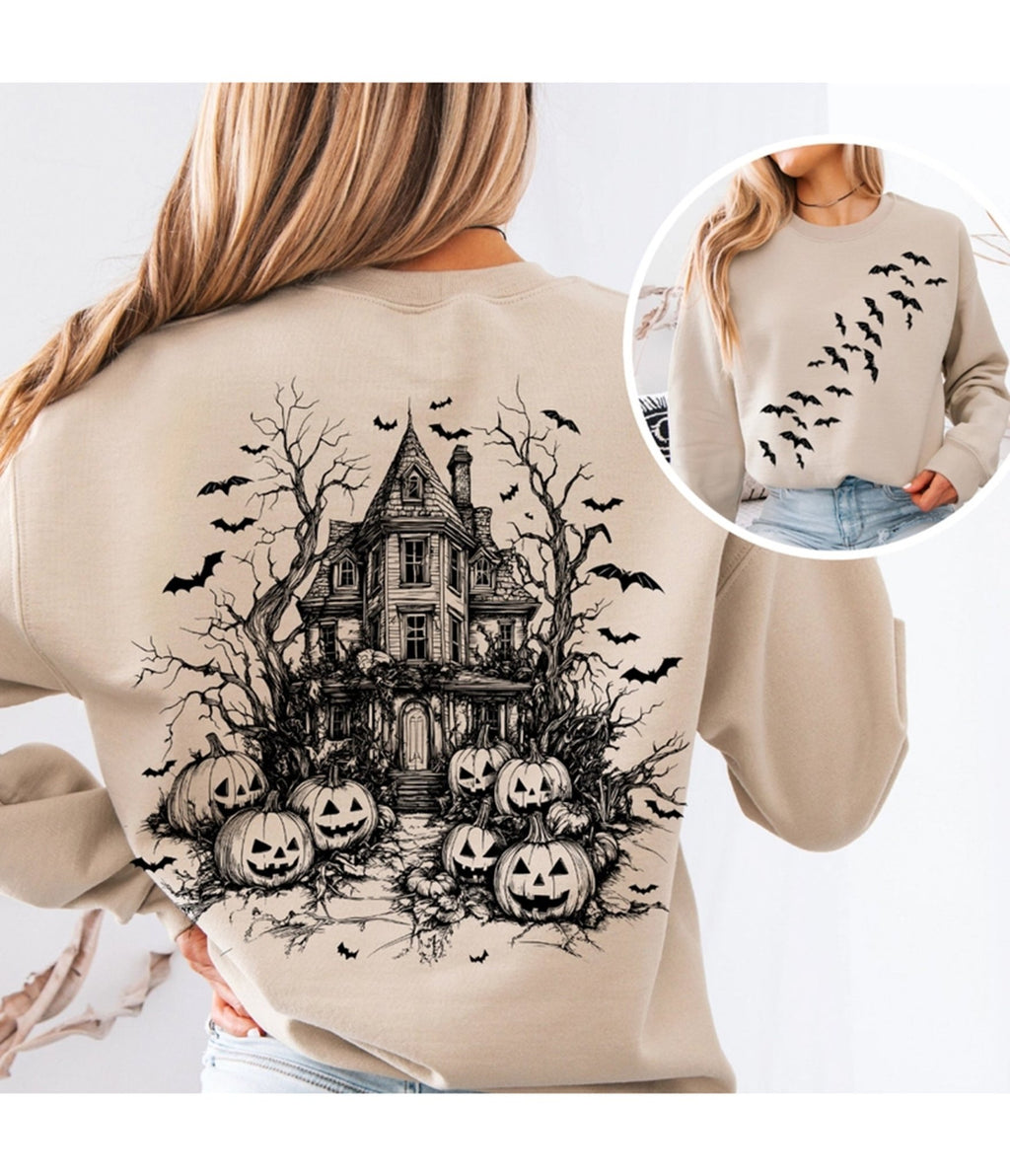 Ivory Halloween & Bats Print Graphic Sweatshirt - Unique Vintage - Womens, TOPS, SWEATERS