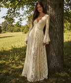 Ivory Lace Bell Sleeve Maxi Dress - Unique Vintage - Womens, DRESSES, MAXI