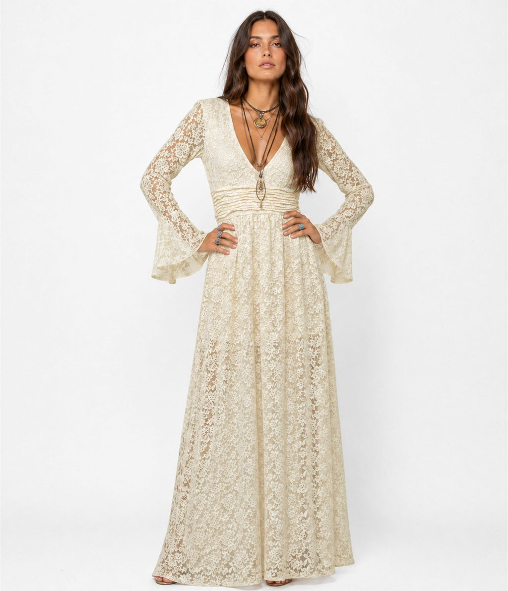 Ivory Lace Bell Sleeve Maxi Dress - Unique Vintage - Womens, DRESSES, MAXI
