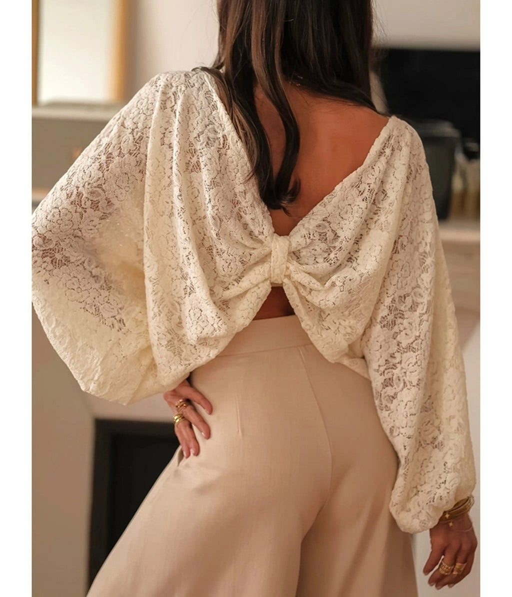 Ivory Lace Bow Detail Top - Unique Vintage - Womens, TOPS, WOVEN TOPS