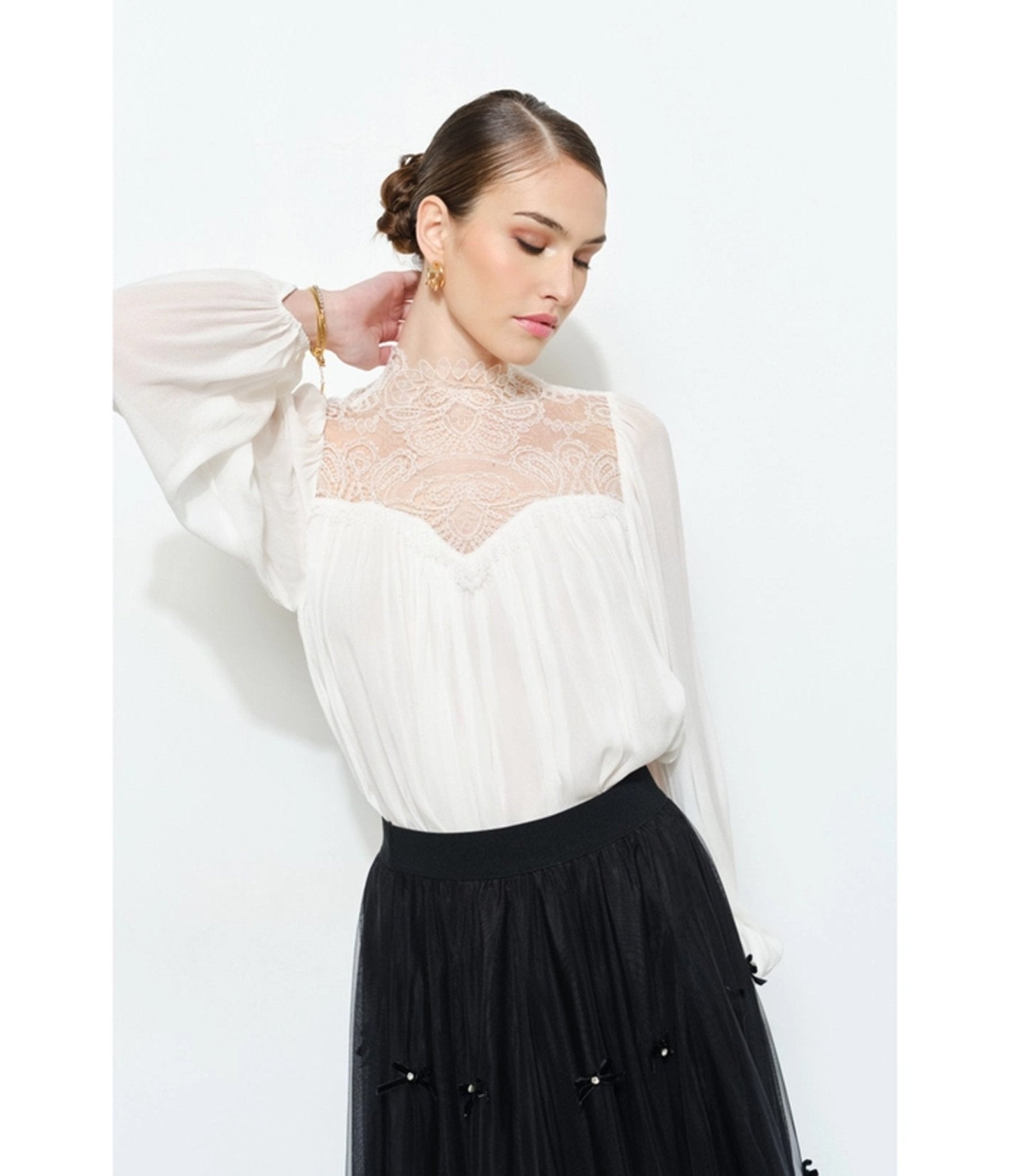Ivory Lace Mock Neck Blouse - Unique Vintage - Womens, TOPS, WOVEN TOPS