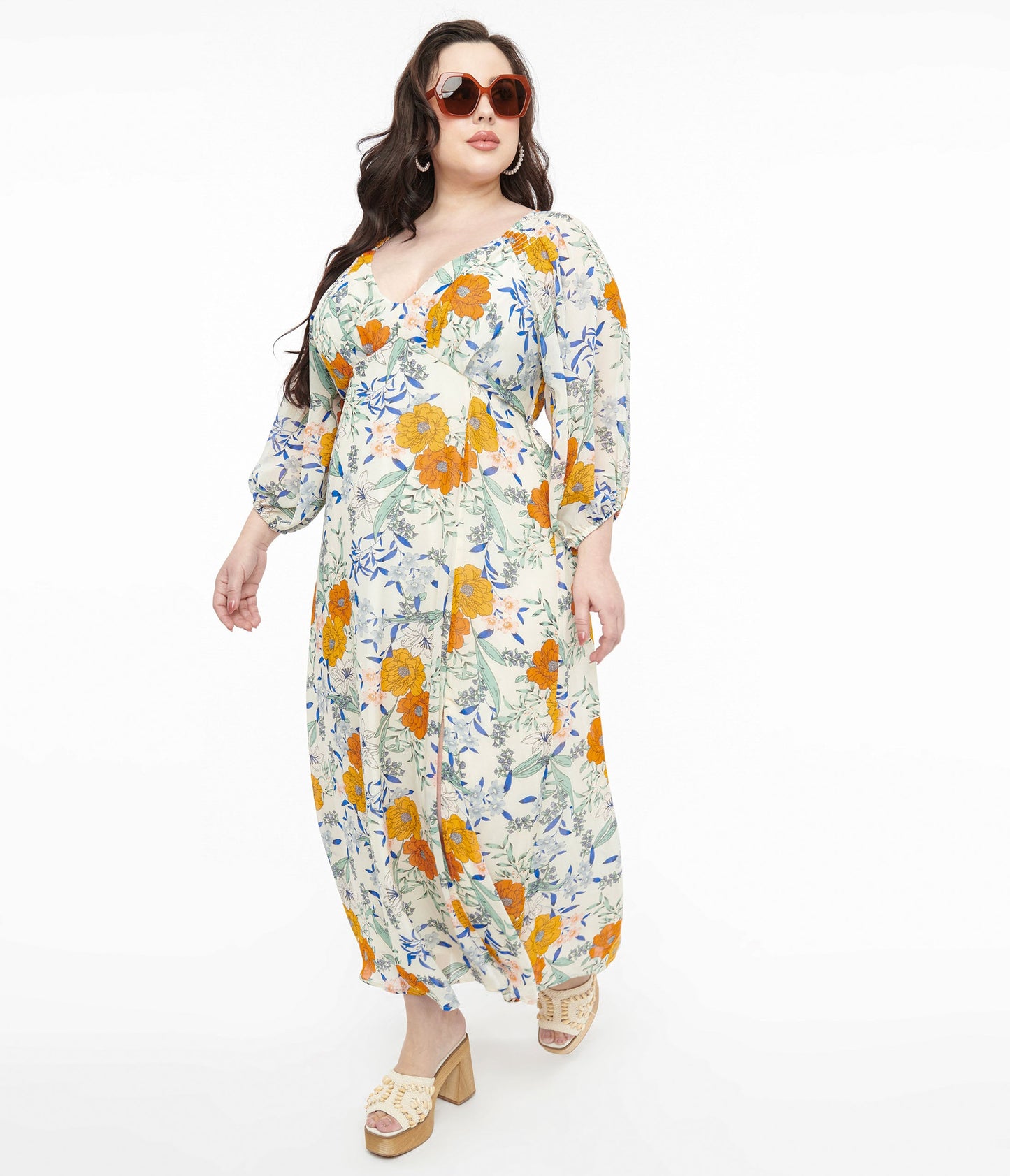 Ivory & Multicolor Floral Maxi Dress - Unique Vintage - Womens, DRESSES, MAXI