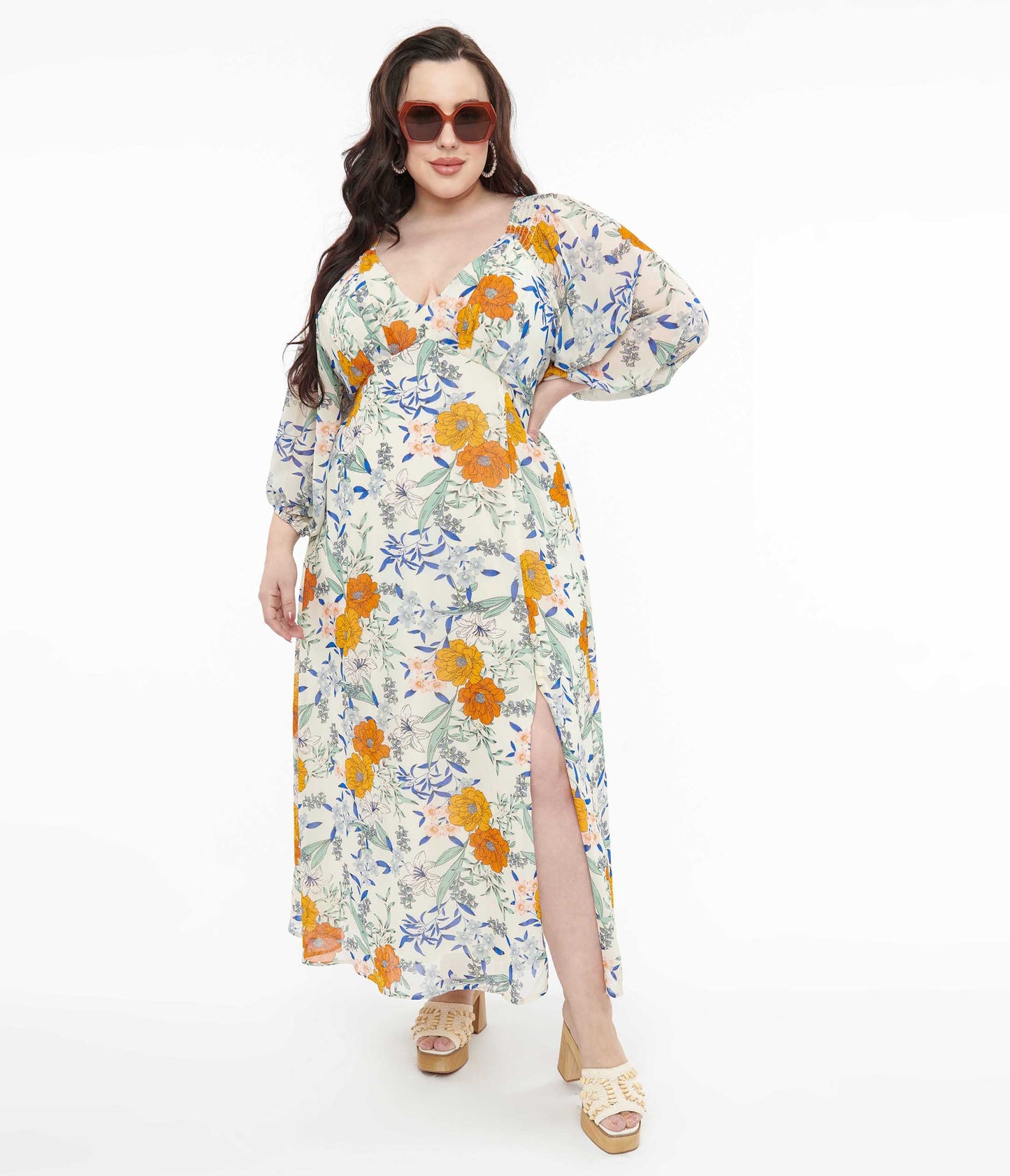 Ivory & Multicolor Floral Maxi Dress - Unique Vintage - Womens, DRESSES, MAXI