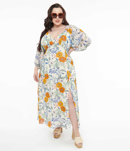 Ivory & Multicolor Floral Maxi Dress - Unique Vintage - Womens, DRESSES, MAXI