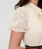 Ivory Puff Sleeve Bow Blouse - Unique Vintage - Womens, TOPS, SHIRTS