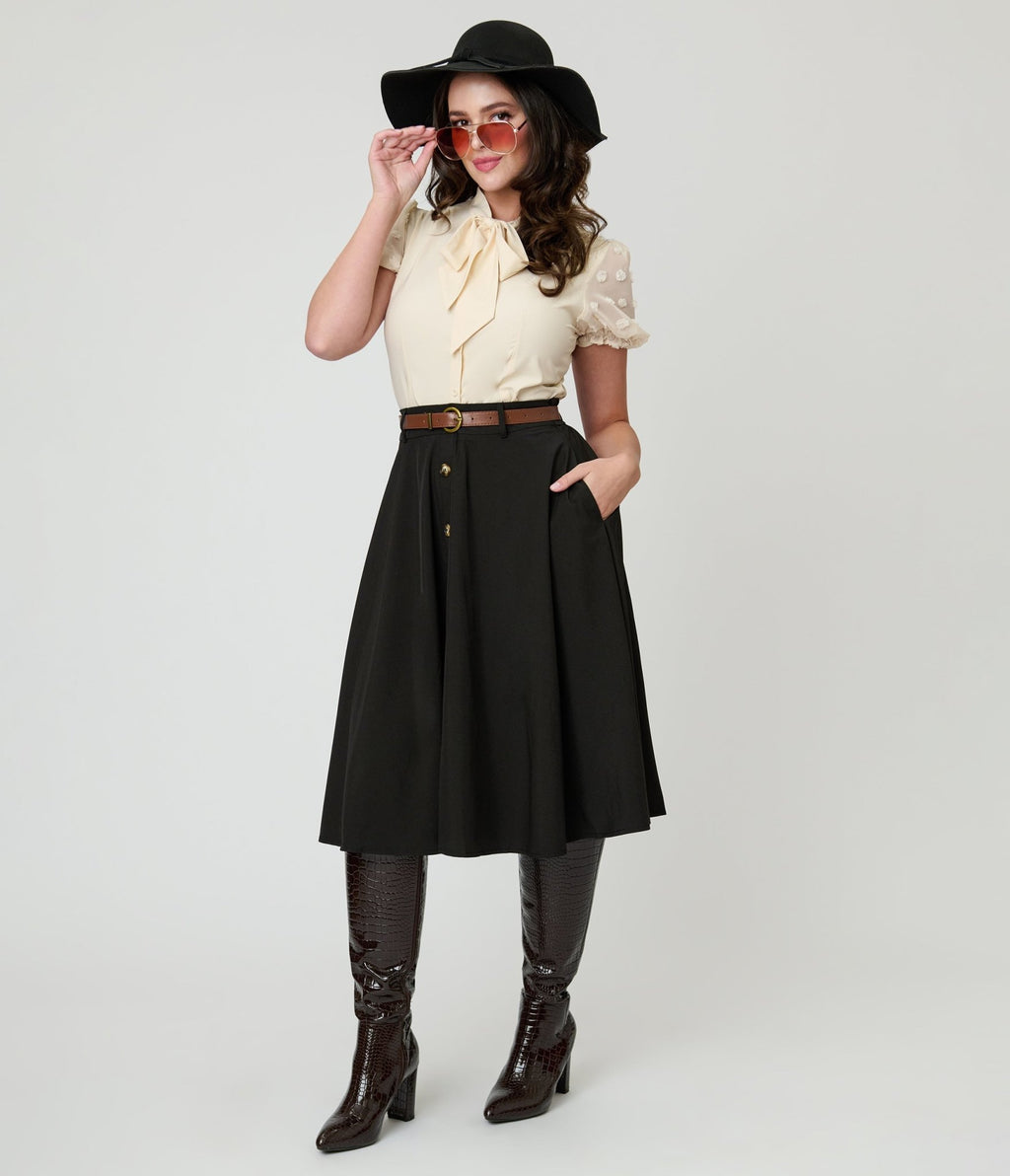Ivory Puff Sleeve Bow Blouse - Unique Vintage - Womens, TOPS, SHIRTS