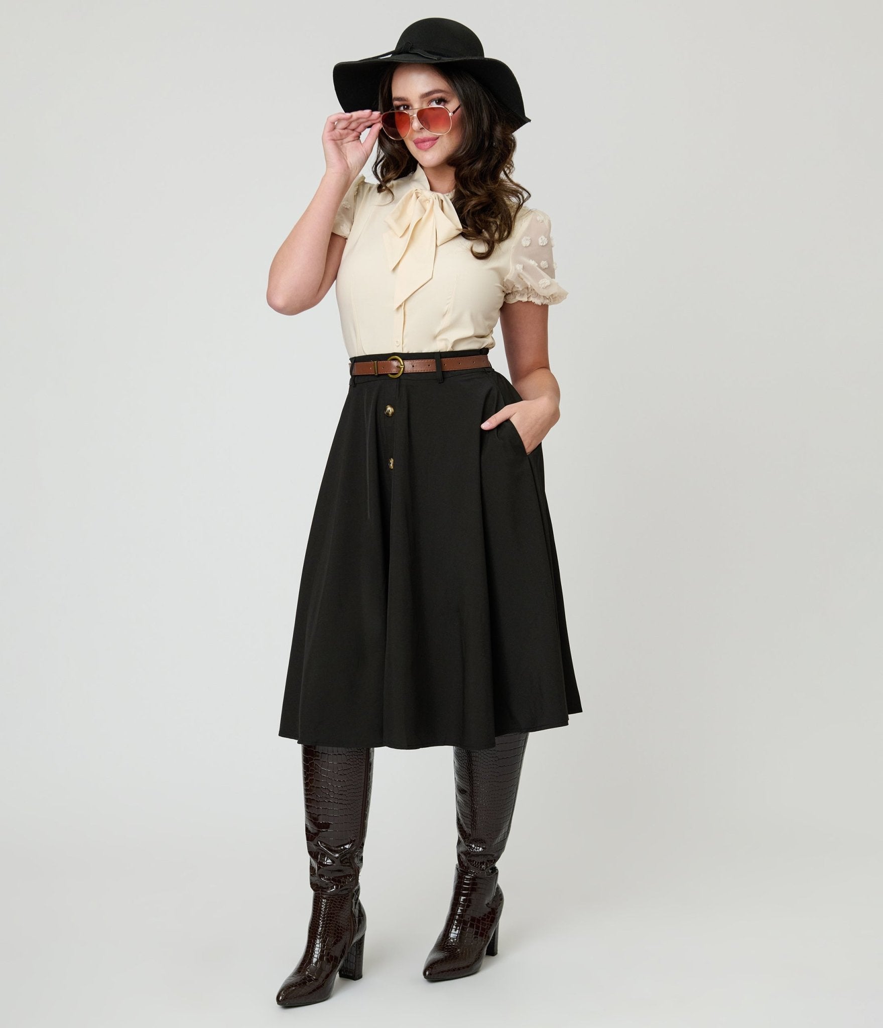 Ivory Puff Sleeve Bow Blouse - Unique Vintage - Womens, TOPS, SHIRTS