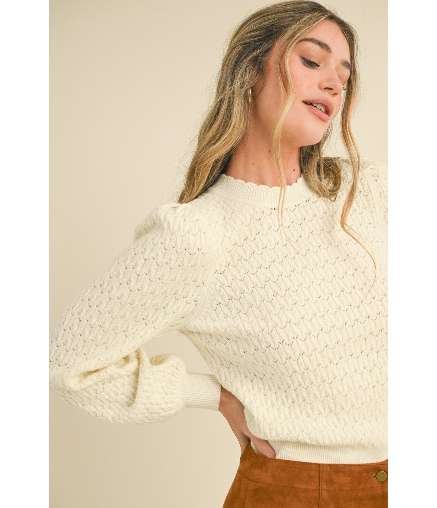 Ivory Puff Sleeve Scalloped Pointelle Sweater - Unique Vintage - Womens, TOPS, SWEATERS