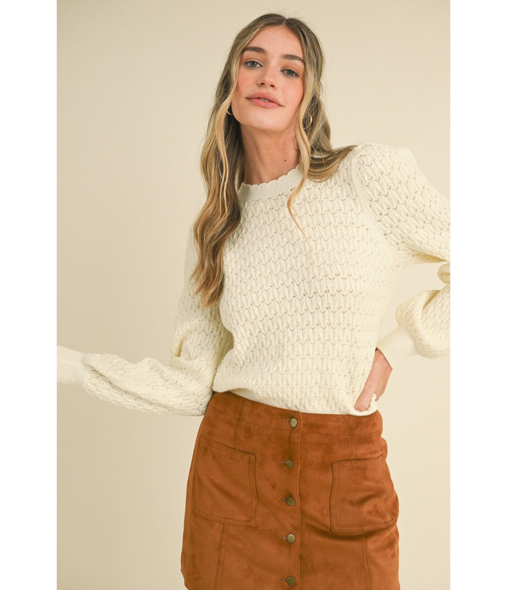 Ivory Puff Sleeve Scalloped Pointelle Sweater - Unique Vintage - Womens, TOPS, SWEATERS