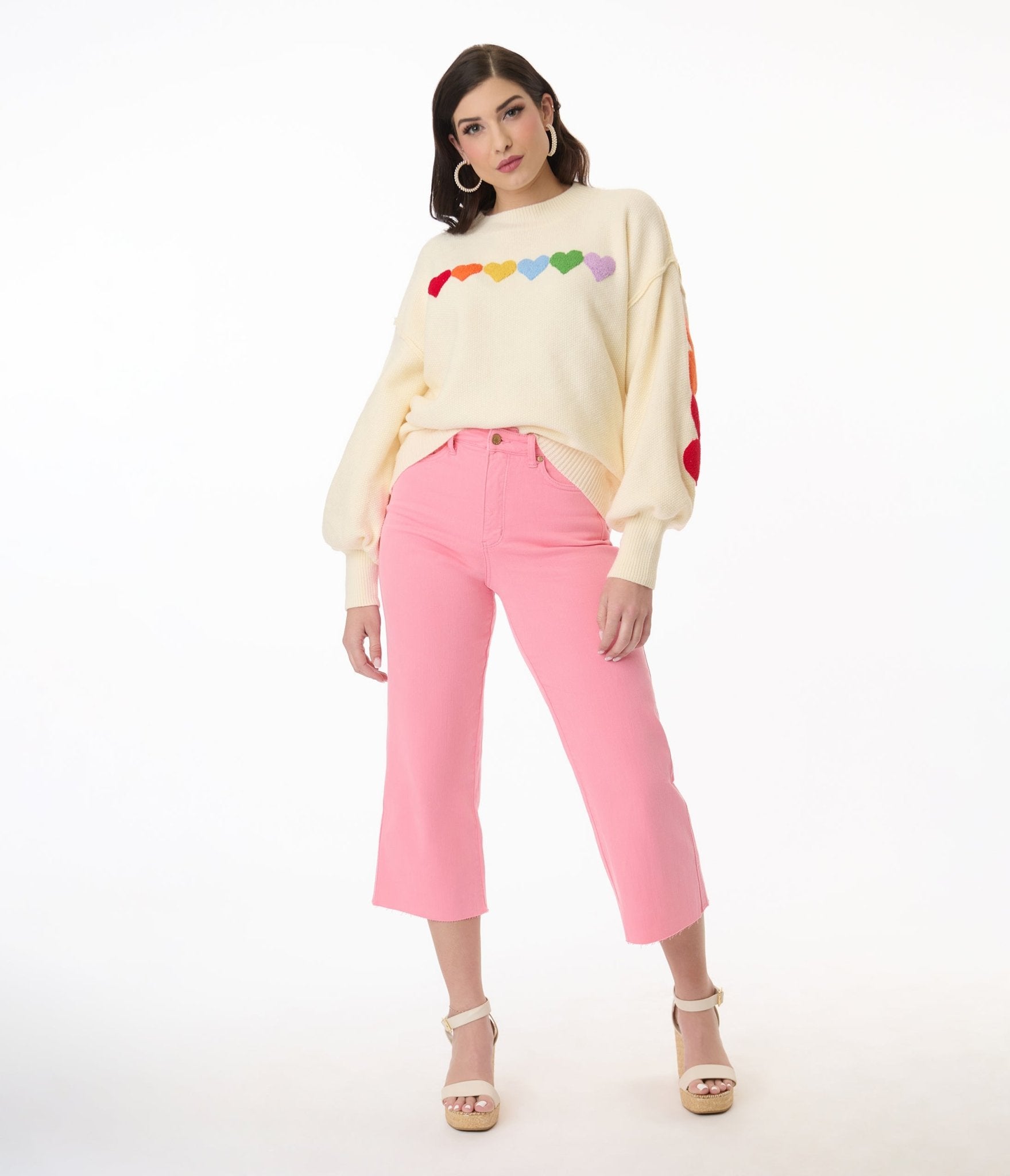 Ivory & Rainbow Heart Shaped Patch Sweater - Unique Vintage - Womens, TOPS, SWEATERS