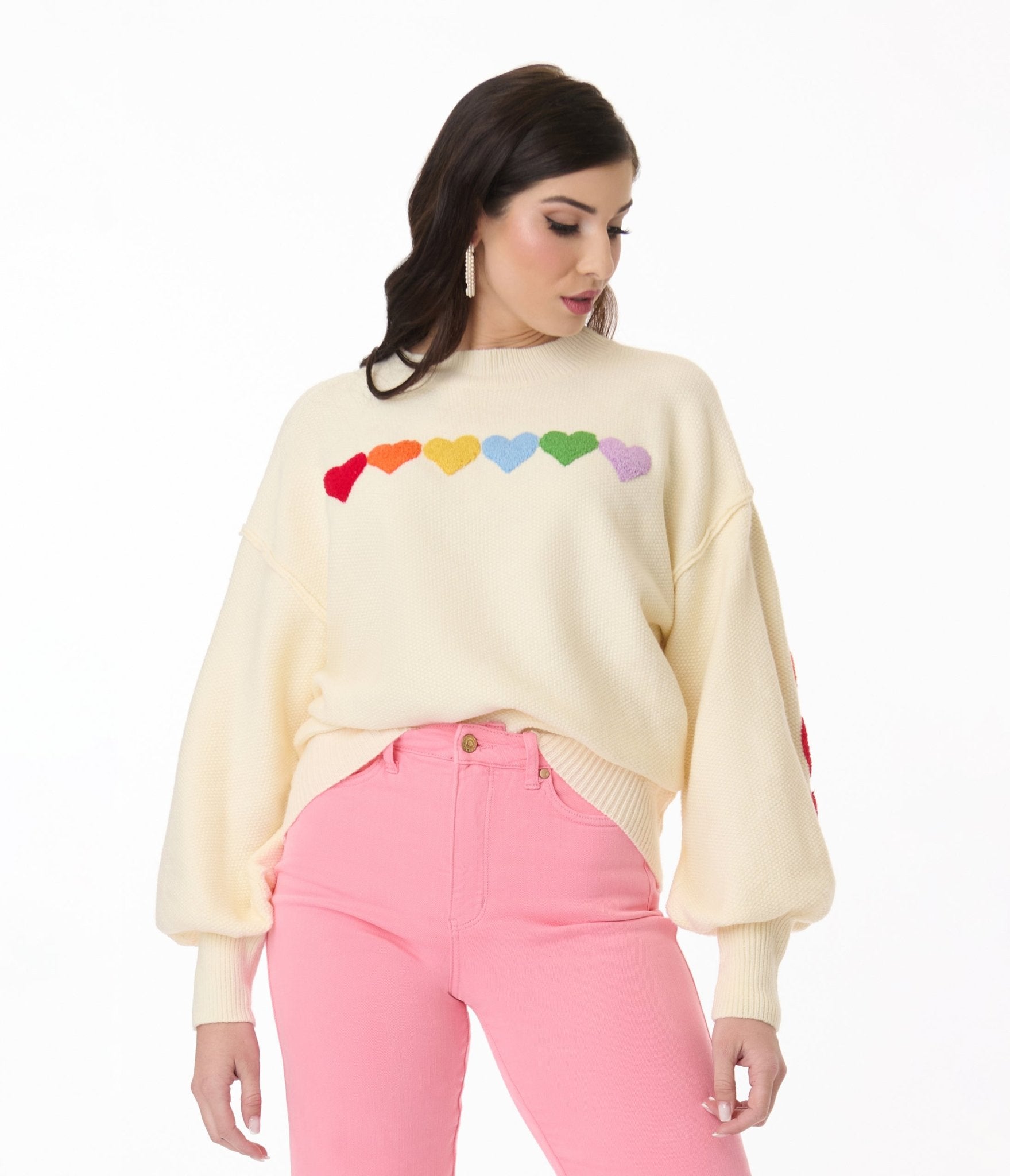 Ivory & Rainbow Heart Shaped Patch Sweater - Unique Vintage - Womens, TOPS, SWEATERS