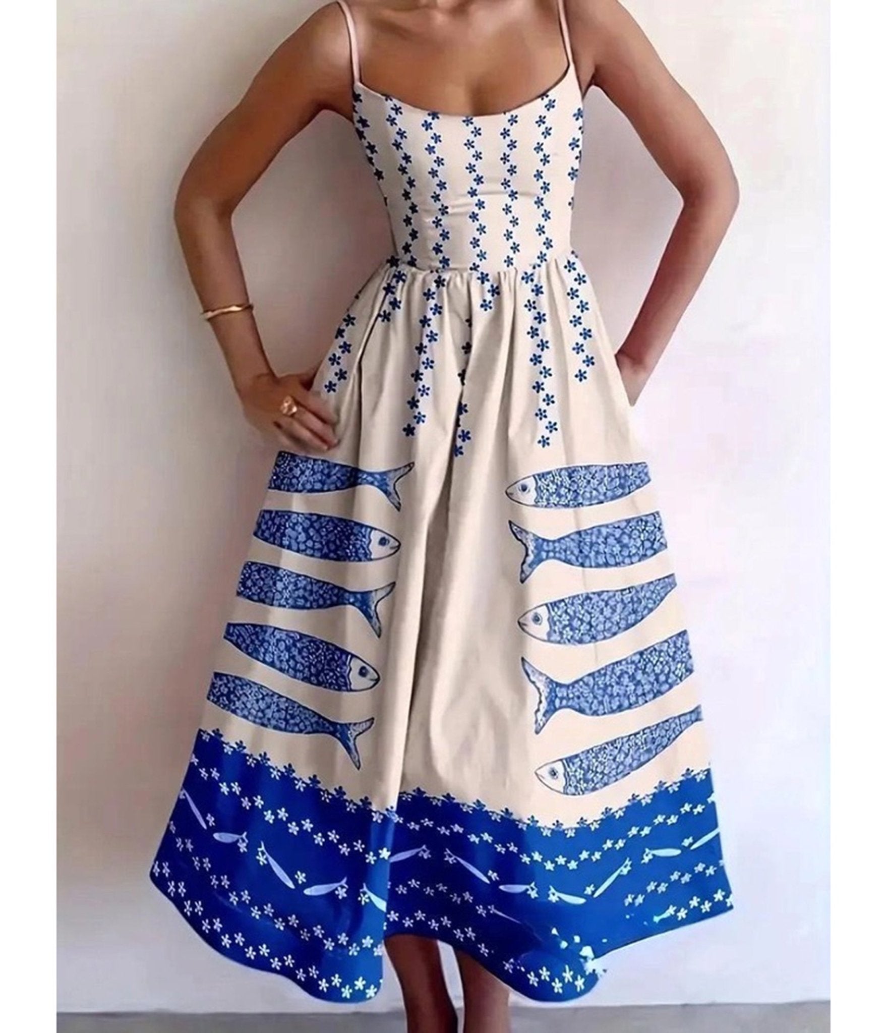 Ivory Sardine Print Spaghetti Strap Midi Dress - 3X