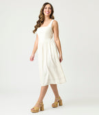 Ivory Sleeveless Square Neck Midi Dress - Unique Vintage - Womens, DRESSES, MIDI