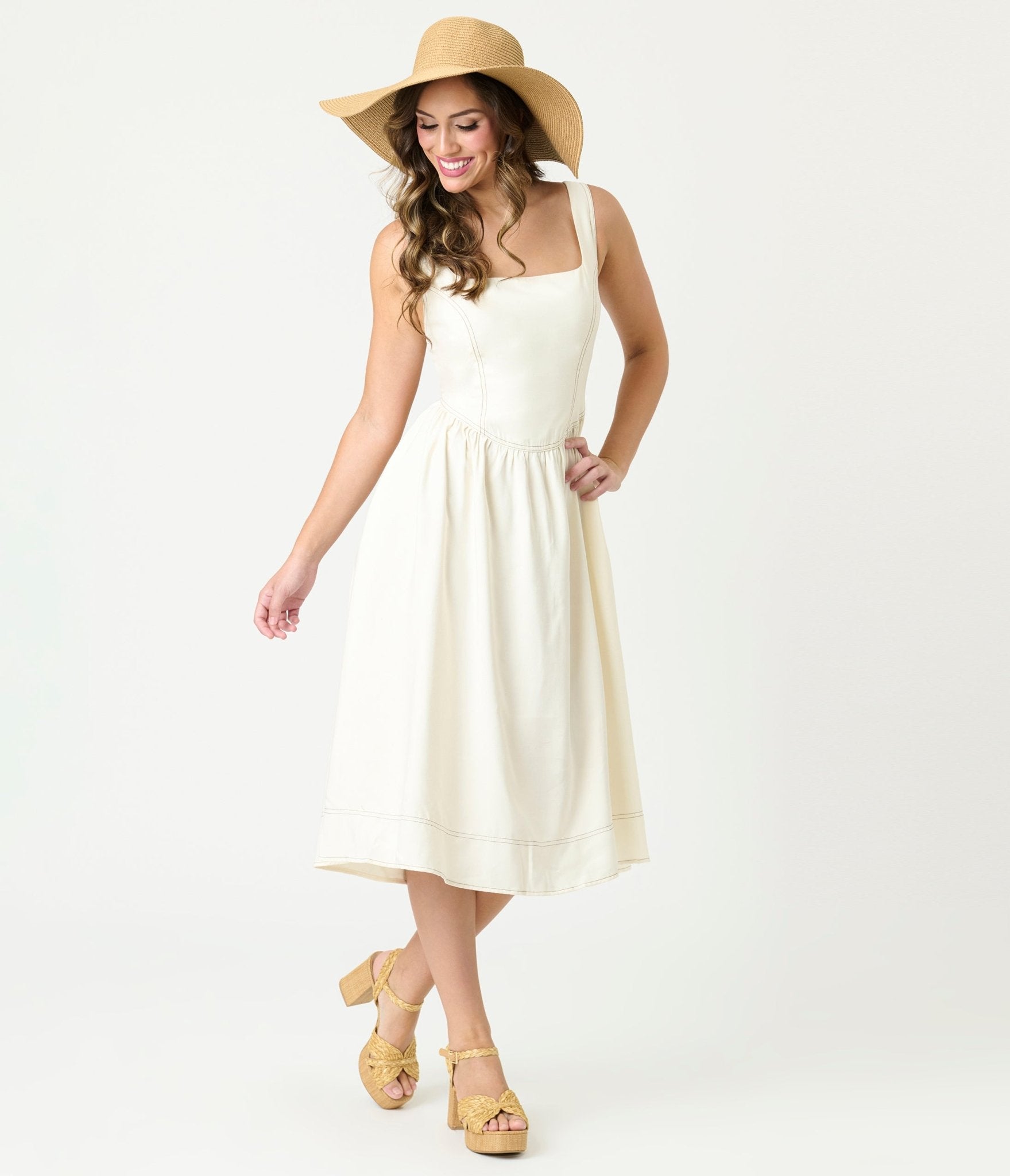Ivory Sleeveless Square Neck Midi Dress - Unique Vintage - Womens, DRESSES, MIDI