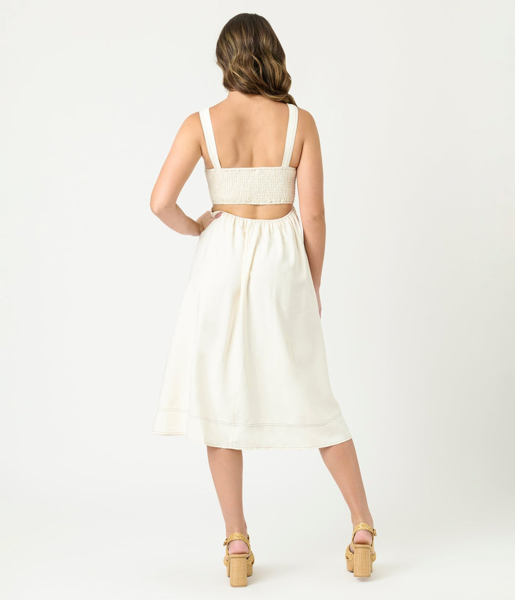 Ivory Sleeveless Square Neck Midi Dress - Unique Vintage - Womens, DRESSES, MIDI