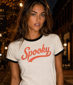 Ivory Spooky Graphic Ringer Tee - Unique Vintage - Graphic Tees