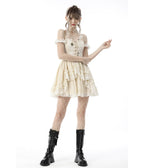 Ivory Steampunk Short Sleeve Dress - Unique Vintage - Womens, DRESSES, MIDI