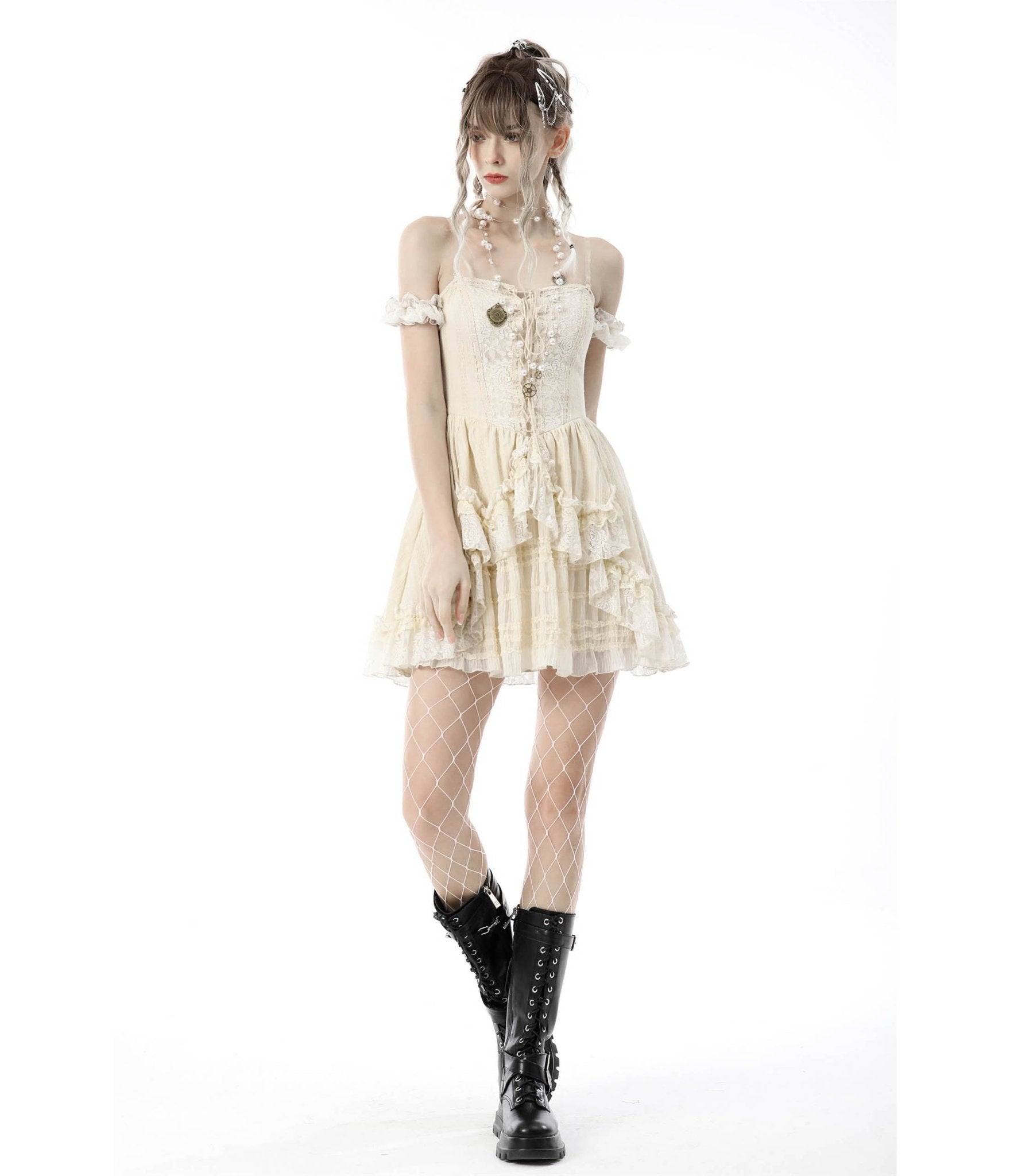 Ivory Steampunk Short Sleeve Dress - Unique Vintage - Womens, DRESSES, MIDI