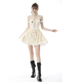 Ivory Steampunk Short Sleeve Dress - Unique Vintage - Womens, DRESSES, MIDI