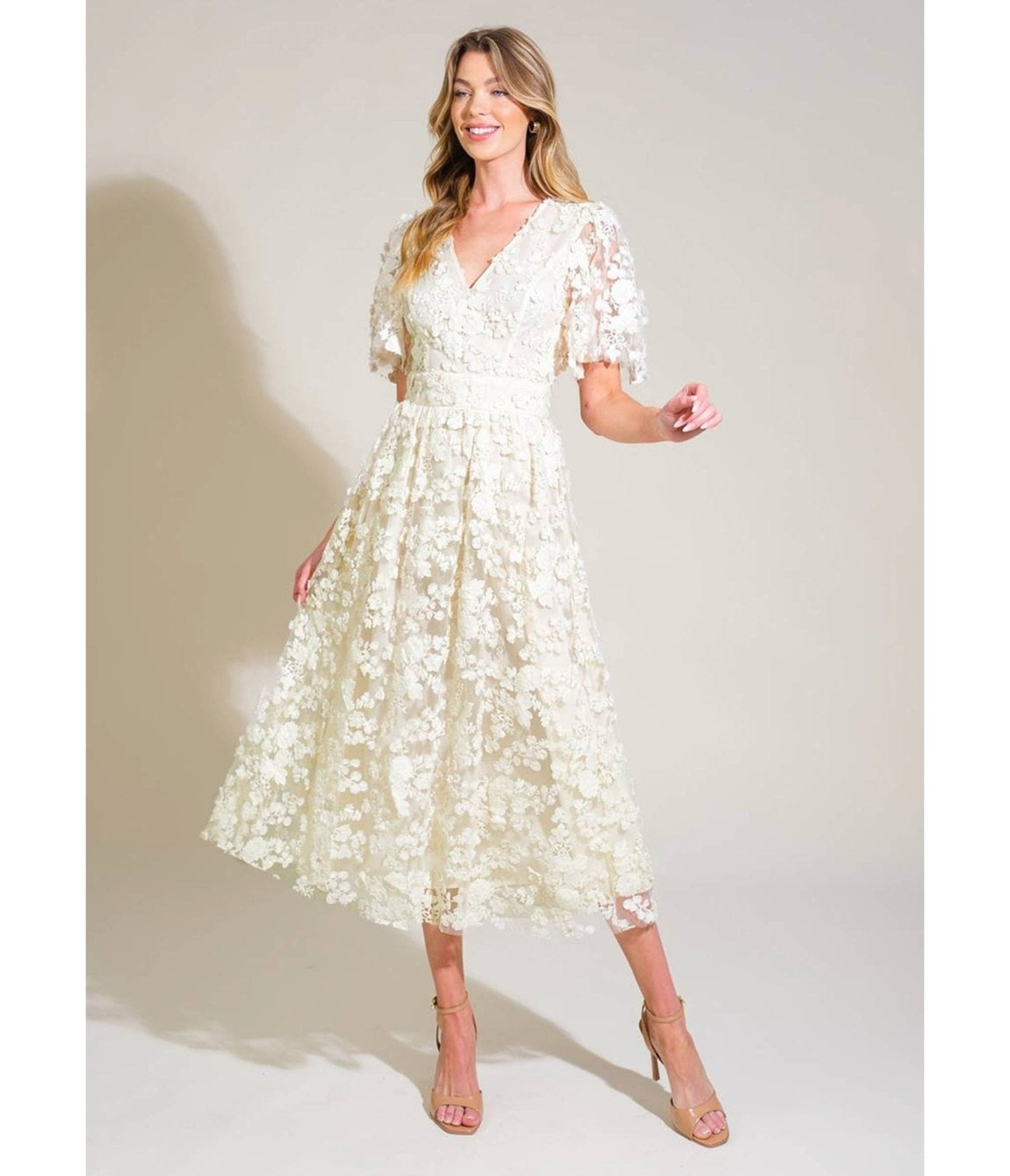Ivory Woven Lace Midi Dress - Unique Vintage - Womens, DRESSES, MIDI