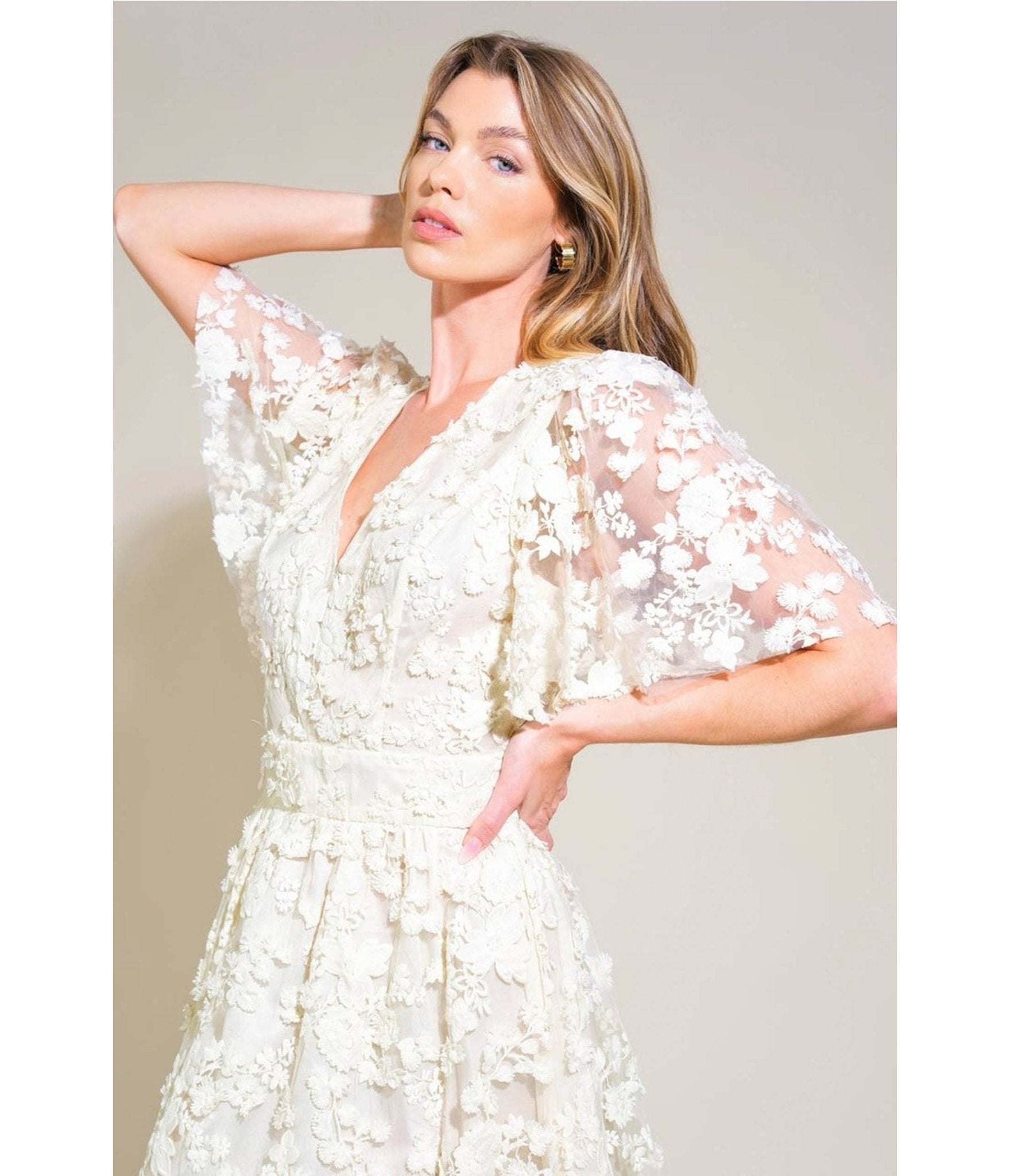 Ivory Woven Lace Midi Dress - Unique Vintage - Womens, DRESSES, MIDI