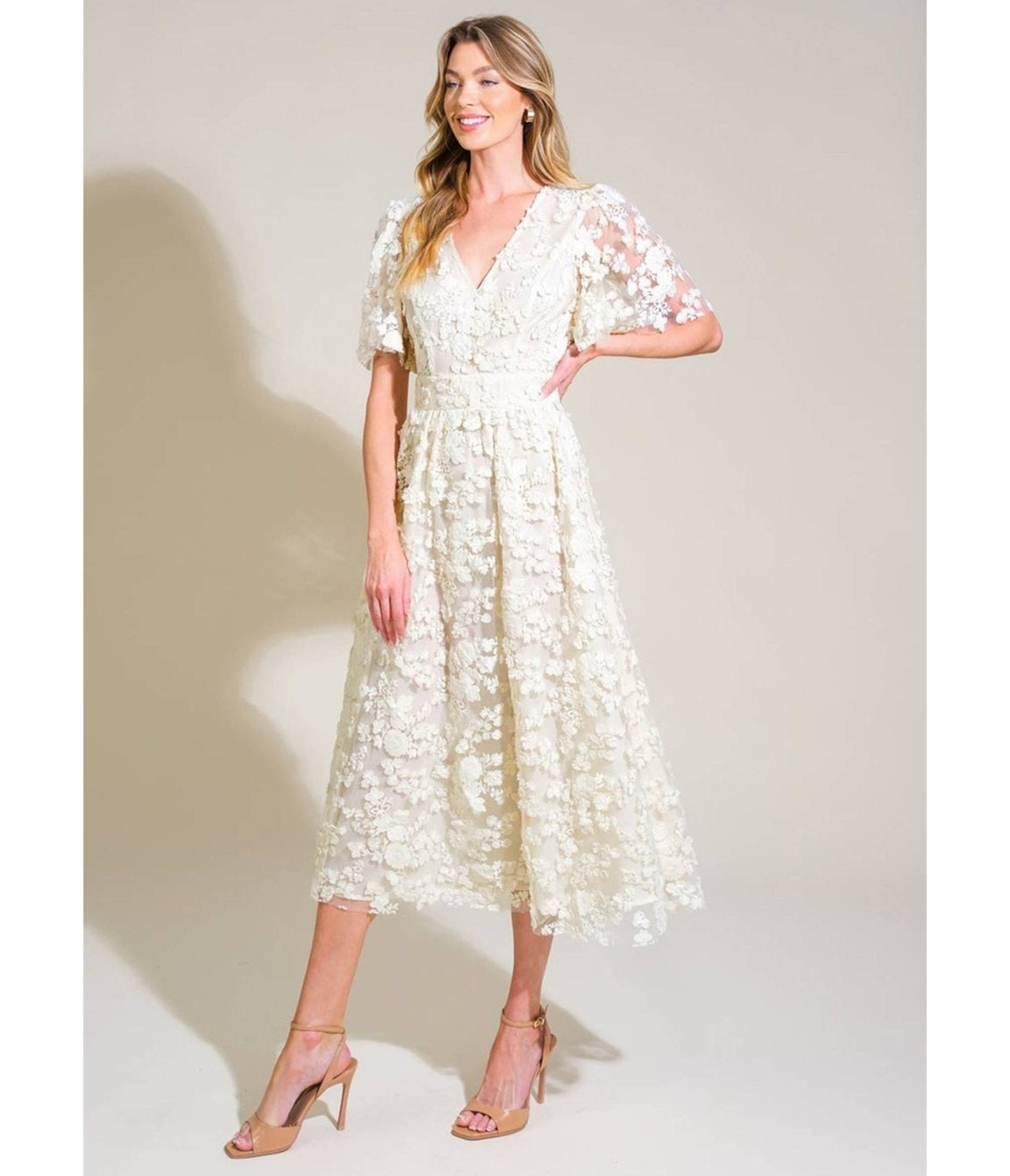 Ivory Woven Lace Midi Dress - Unique Vintage - Womens, DRESSES, MIDI
