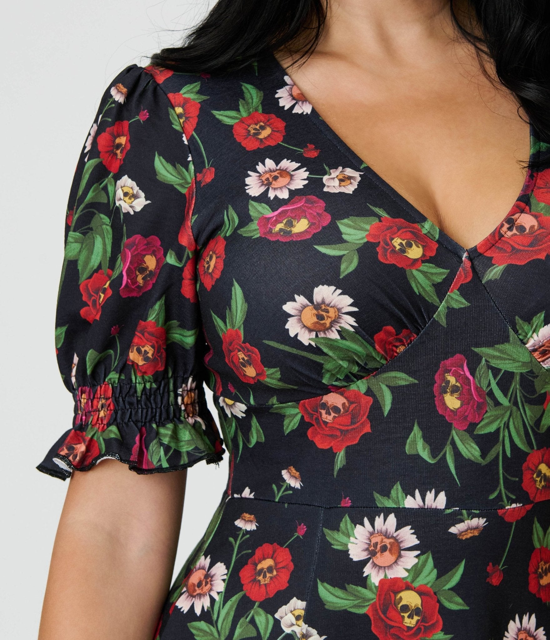 Jawbreaker Black Skull Flower Midi Dress - Unique Vintage - Womens, DRESSES, MIDI