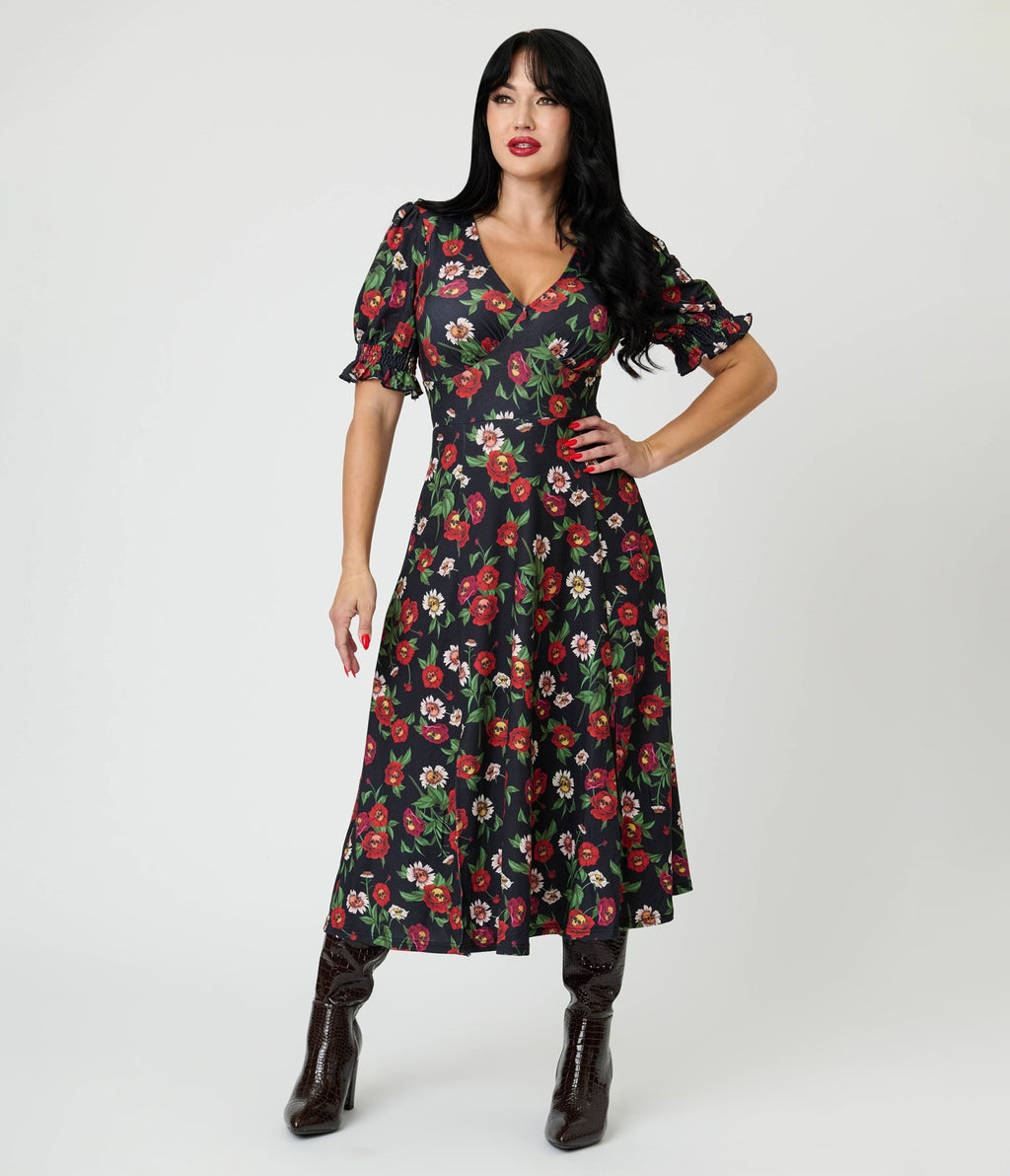 Jawbreaker Black Skull Flower Midi Dress - Unique Vintage - Womens, DRESSES, MIDI